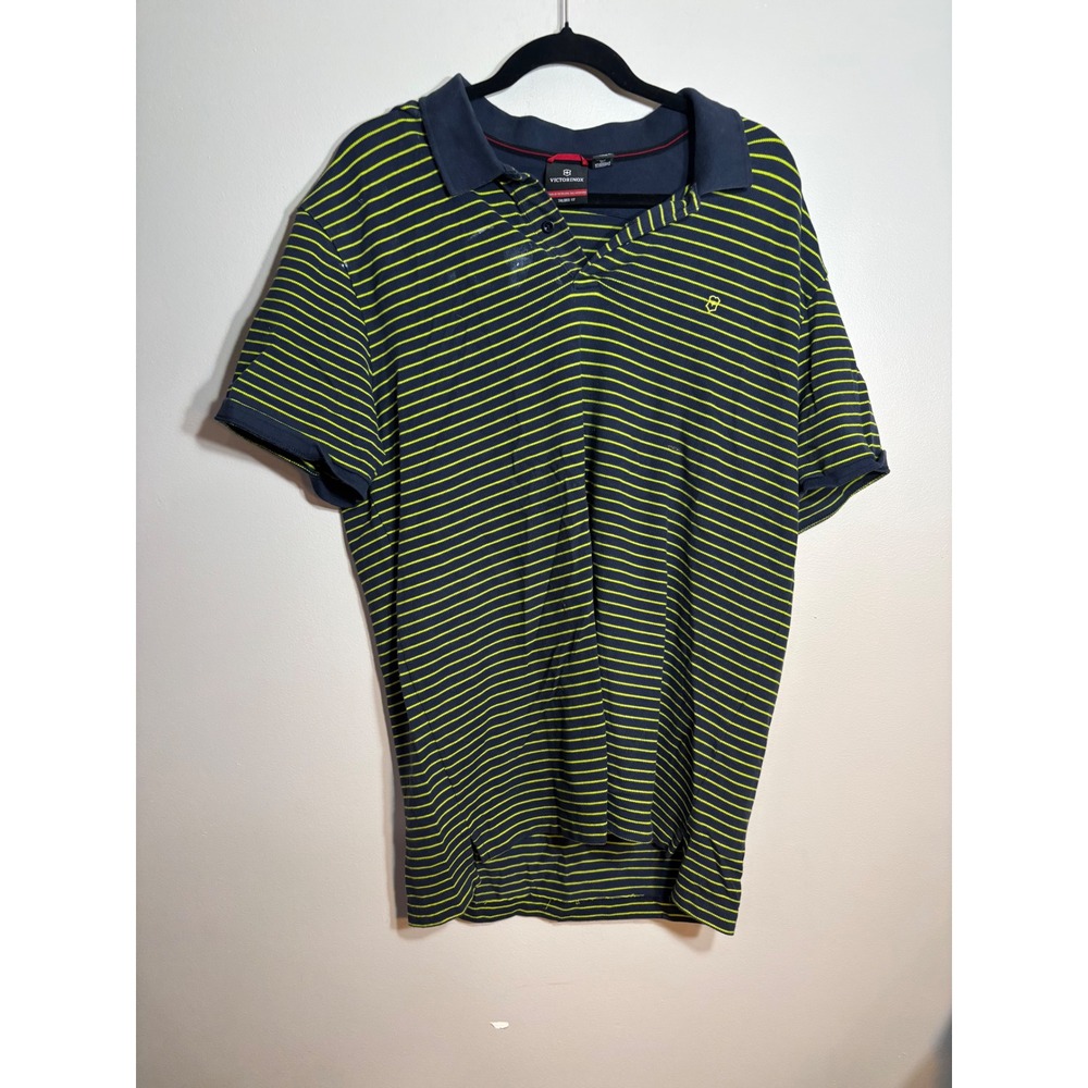 Victorinox Mens Tailored Fit Striped Polo Shirt Navy Lime Green XL Short Sleeve